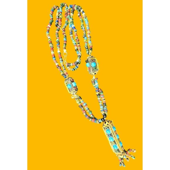 Vintage Bohemian Multicolor Beaded Necklace With Turquoise Accents 24" HS187 - Picture 3 of 8